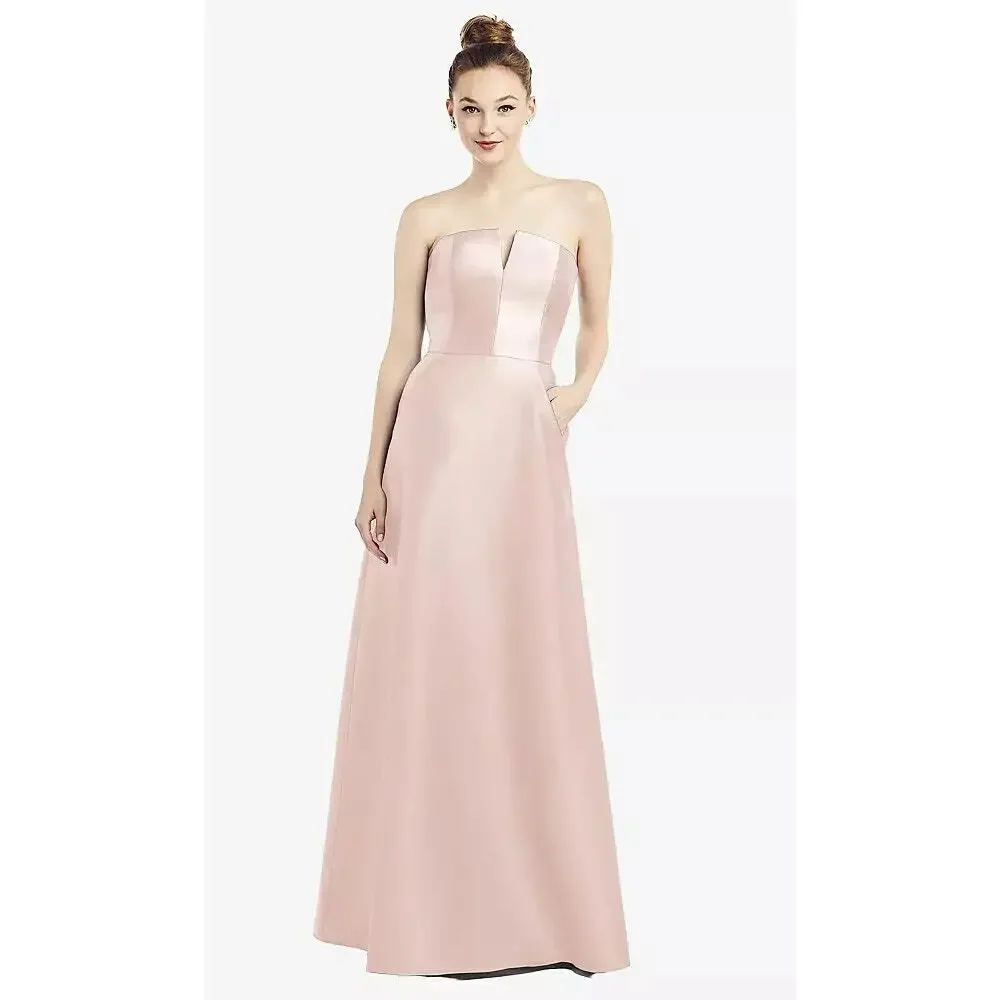 NWT Alfred Sung Strapless Notch Satin Gown Twill Maxi Dress Pockets 2 Blush Pink - Picture 12 of 15